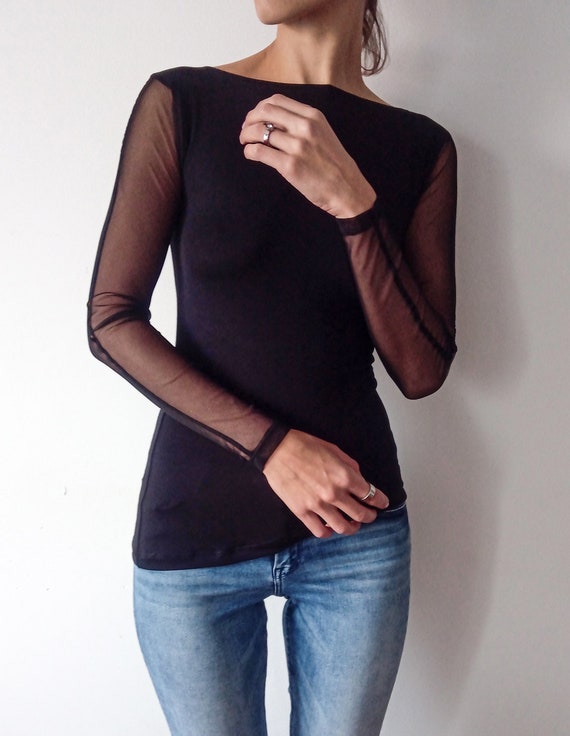 Womens Shirt With Sheer Sleeves, Women's Top With Mesh Sleeves