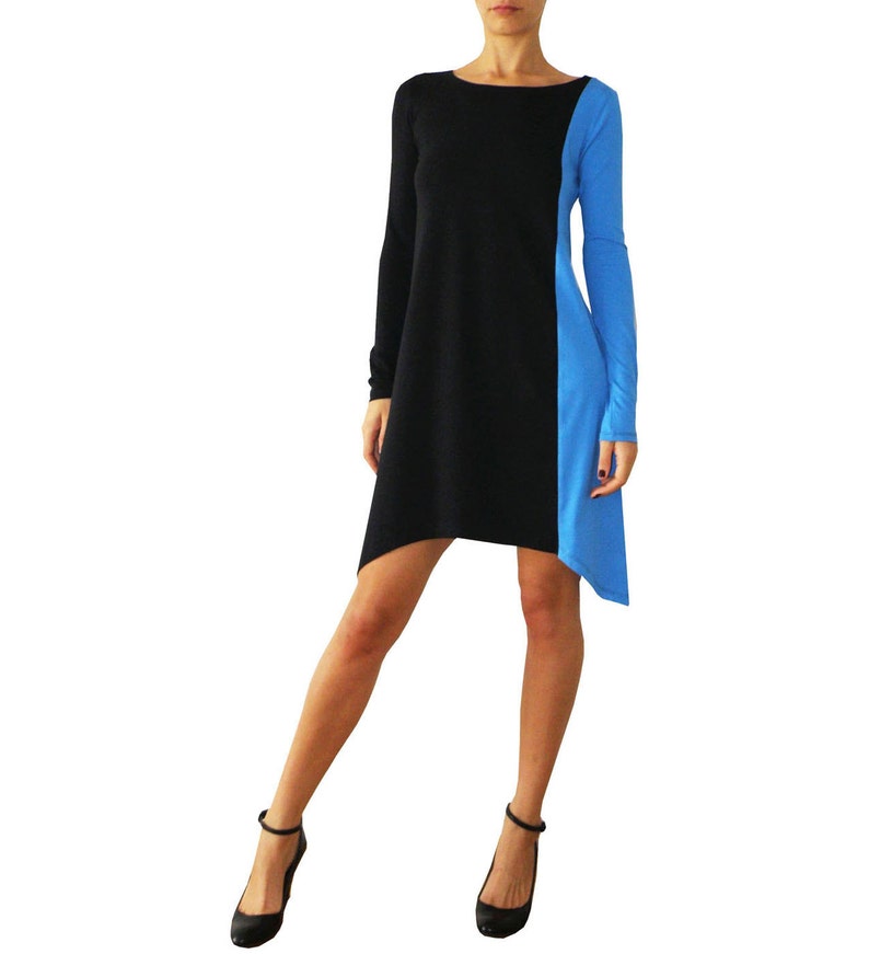 Comfortable Oversized Women Tunic Asymmetrical Long Sleeves Colorblock Minimalist Women Dress Plus size Knee Length Dress