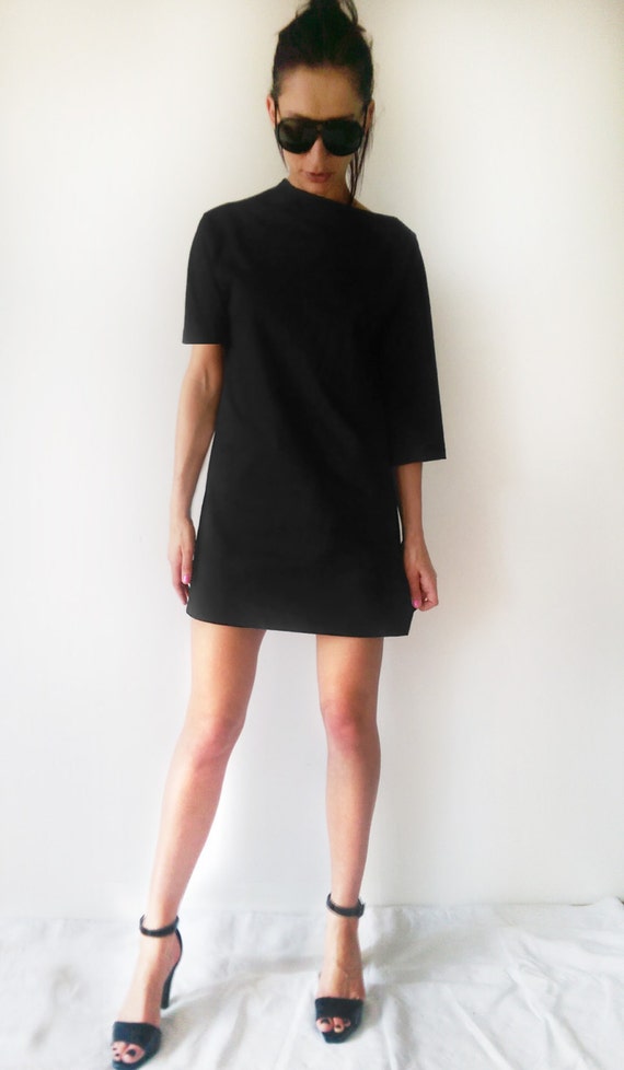 Asymmetrical Black Tunic Dress: Minimalist Jersey Knit