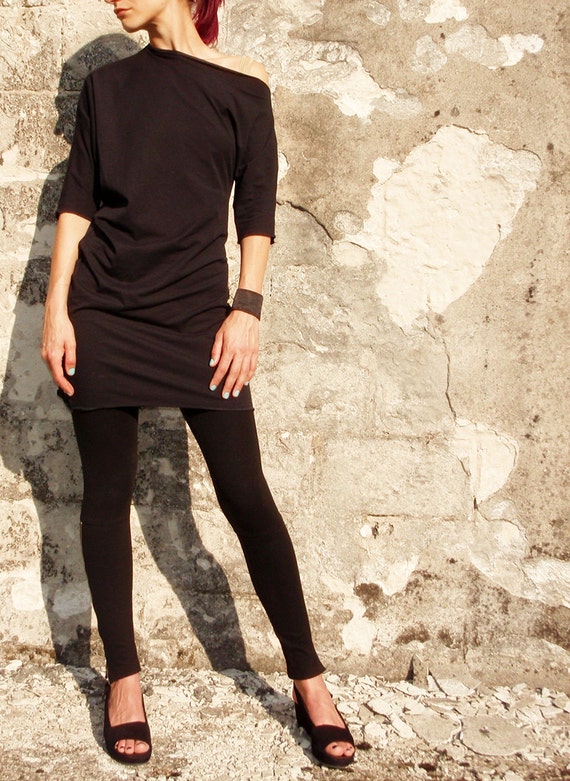 Black Off The Shoulder Asymmetric Jersey Top, One Shoulder Slouchy Women Tunic