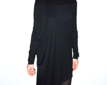 Asymmetrical Extra Long Sleeves Black Women's Tunic, High Low Designer's Slouchy Jersey Dress