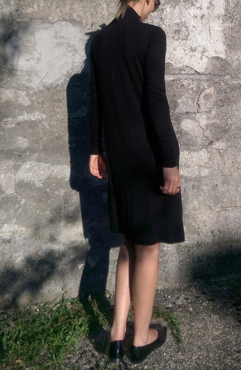 Minimalist Asymmetric Turtleneck Women's Jersey Dress, Long Sleeves Elegant Simple Casual Dress