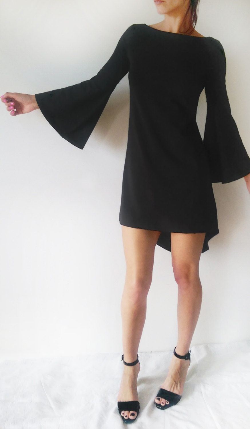 Wide Sleeves Black Cotton Jersey Minimalist Asymmetric Dress, Bell