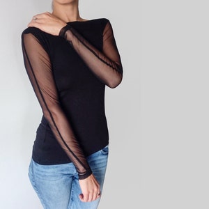 Womens shirt with sheer sleeves, Women's Top with mesh sleeves, Mesh Long Sleeves Top, Black Cocktail Top with Transparent sleeves