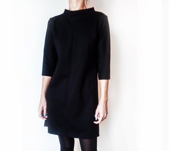 Audrey Hepburn Style Minimalist Black Dress, Elegant Elevated Collar, 3/4 sleeves dress