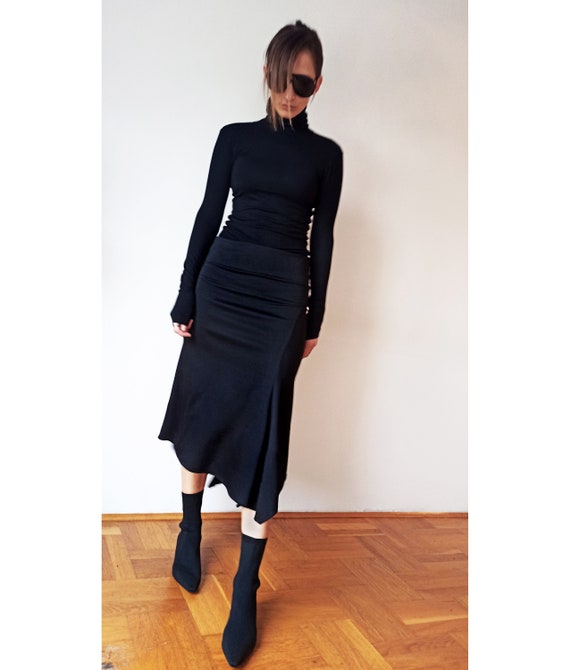 スカート Asymmetric Ribbed Stretch-Jersey Midi Skirt Heavy Stretchable Jersey Asymmetric Women Skirt, Midi