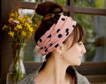 Wide Light Sweat Headscarf, Pink with Navy Dots