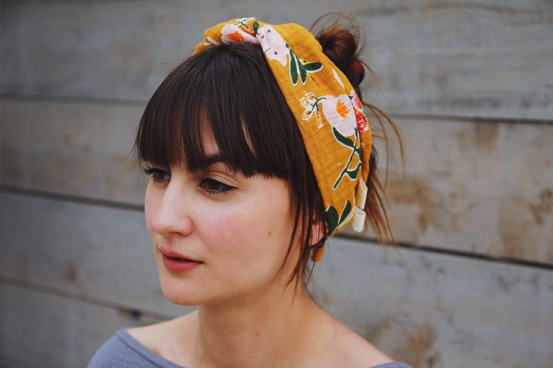 Double Gauze Headscarf Sunny Yellow With Floral Design Etsy