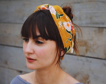 Double Gauze Headscarf, Sunny Yellow with Floral Design