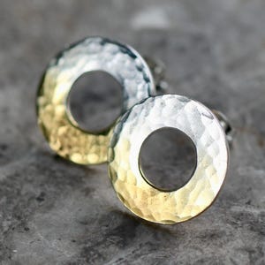 Handmade Hammered Fade Silver & 24ct Gold Earrings, Sterling Silver Washer Studs, Two Tone, Mixed Metal, Silver Earrings