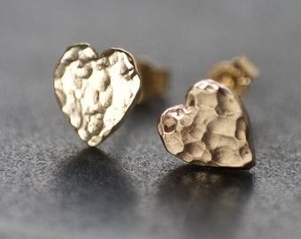 Recycled Solid 9ct Yellow Gold Heart Stud Earrings, Handmade Dainty Heart Earrings, Textured Gold Studs, Love and Friendship Gift