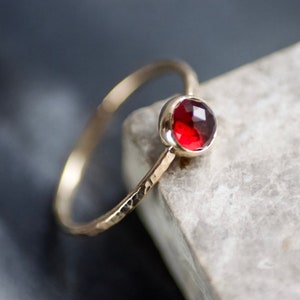 Solid 9ct Gold & Red Almandine Garnet Skinny Stacking Ring, UK Size R.5, Hallmarked In Edinburgh, January Birthstone, Red Gemstone