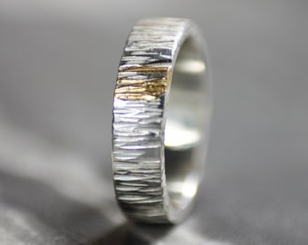 Linear Textured Polished Silver & 24ct Gold Ring, Unisex, Keum Boo Chunky Band, Wide Ring, Alternative Wedding Ring