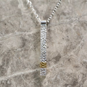 Keum Boo Textured Bar Pendant Necklace Silver and Gold, Column Pendant, 18 inch necklace