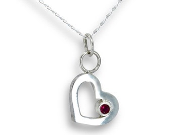 Handmade Solid Recycled Sterling Silver Open Heart Ruby Pendant Necklace, Dainty Heart, Charm, Love Sweetheart Valentine Friendship Gift