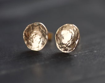 Solid Yellow 9ct Yellow Gold Concave Stud Earrings, Handmade Hammered Gold Earrings, Small Earrings, Recycled Gold Cup Studs