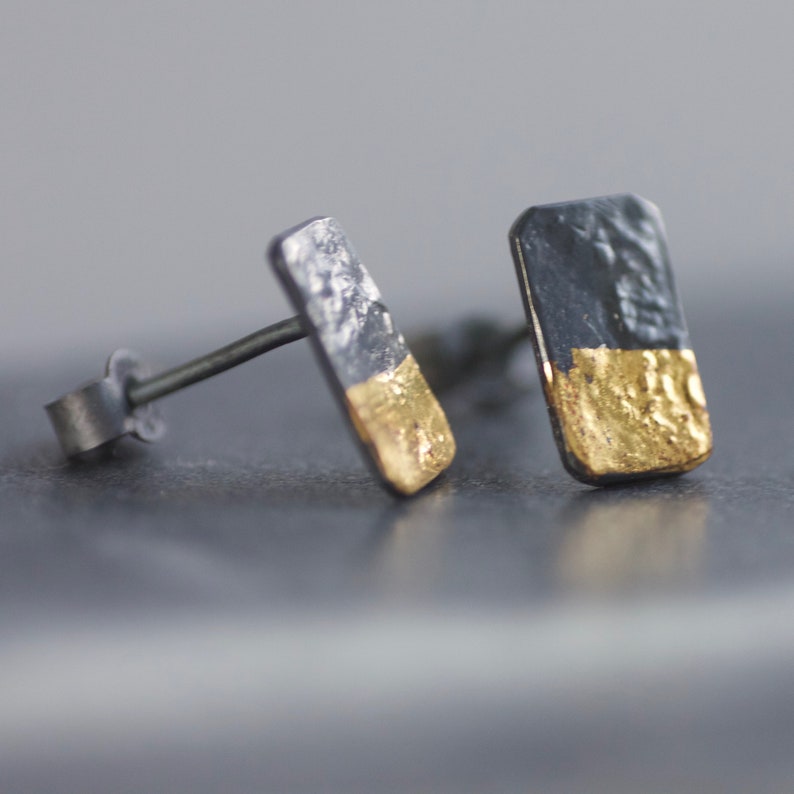 Gold and Silver Block Stud Earrings, Oxidised Sterling Silver & 24ct Gold, Keum Boo Handmade, Gold Earrings, Everyday Earrings, Gift image 4