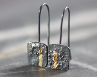 Handmade LINEAR Oxidised Sterling Silver & 24ct Gold Square Drop Earrings