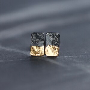 Gold and Silver Block Stud Earrings, Oxidised Sterling Silver & 24ct Gold, Keum Boo Handmade, Gold Earrings, Everyday Earrings, Gift image 3