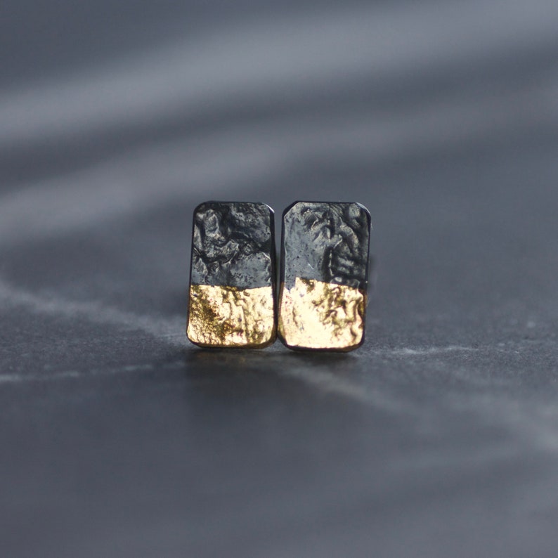 Gold and Silver Block Stud Earrings, Oxidised Sterling Silver & 24ct Gold, Keum Boo Handmade, Gold Earrings, Everyday Earrings, Gift image 3