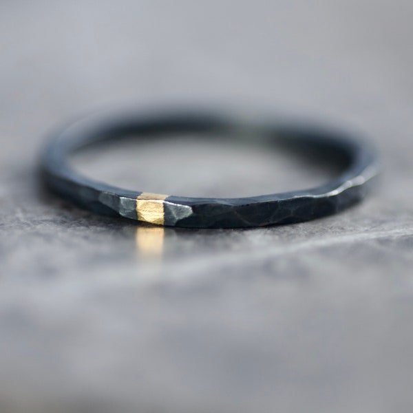 Hammered Oxidised Textured Silver & 24ct Gold Ring, Unisex, Skinny Band, Keum Boo Stacking Ring, Alternative Wedding Ring, Minimalist