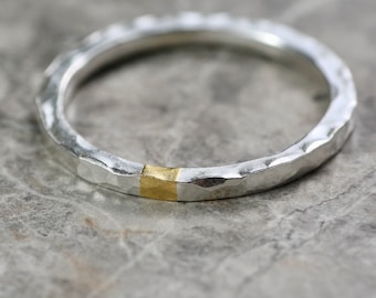 Hammered Silver & Gold 2mm Stacking Ring, Alternative Wedding Ring, Recycled Silver, Keum Boo