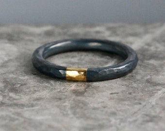 3mm Oxidised Round Hammered Textured Oxidised Silver & 24ct Gold Ring, Unisex, Keum Boo, Geumbu, Hammered Ring, Alternative Wedding Ring