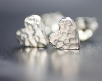 Recycled Solid Sterling Silver Heart Valentine Stud Earrings, Handmade Dainty Earrings, Textured Silver Studs, Love and Friendship Gift