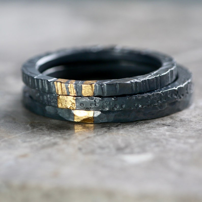 Oxidised Hammered Silver & Gold 2mm Stacking Ring, Alternative Wedding Ring, Recycled Silver, Keum Boo image 3