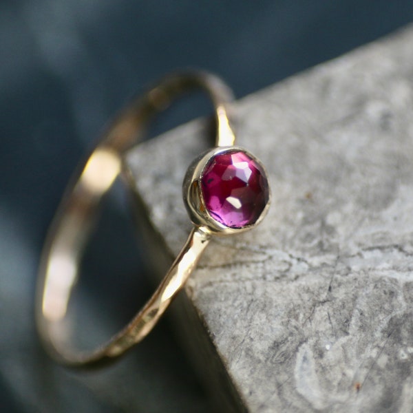 Solid 9ct Gold & Rhodolite Garnet Skinny Stacking Ring, UK Size P, Hallmarked In Edinburgh, January Birthstone, Red Gemstone