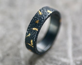 Oxidised Dot Textured Silver & 24ct Gold Ring, Unisex, Keum Boo, Geumbu, Kum-bu Band, Hammered Ring, Alternative Wedding Ring, Recycled