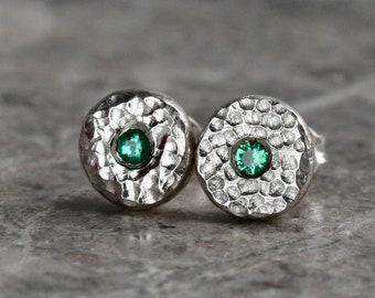 Emerald Solid Silver Pebble Stud Earrings, Emerald Studs, Emerald Earrings, Silver Studs, Green Silver Holiday Gift, Anniversary, Birthday