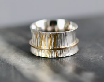 Keum Boo Spinner Ring, Linear Textured Silver & 24ct Gold Ring, Solid 9ct gold, Unisex, Mens, Geumbu, Kum-bu, Alternative Wedding Ring, Obi