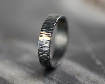 Linear Textured Oxidised Silver & 24ct Gold Ring, Unisex, Keum Boo Chunky Band, Wide Ring, Alternative Wedding Ring, Gothic