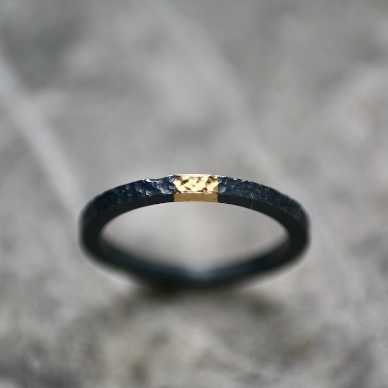 Oxidised Sterling Silver and 24ct Gold Keum Boo Ring, 2mm Hammered ...