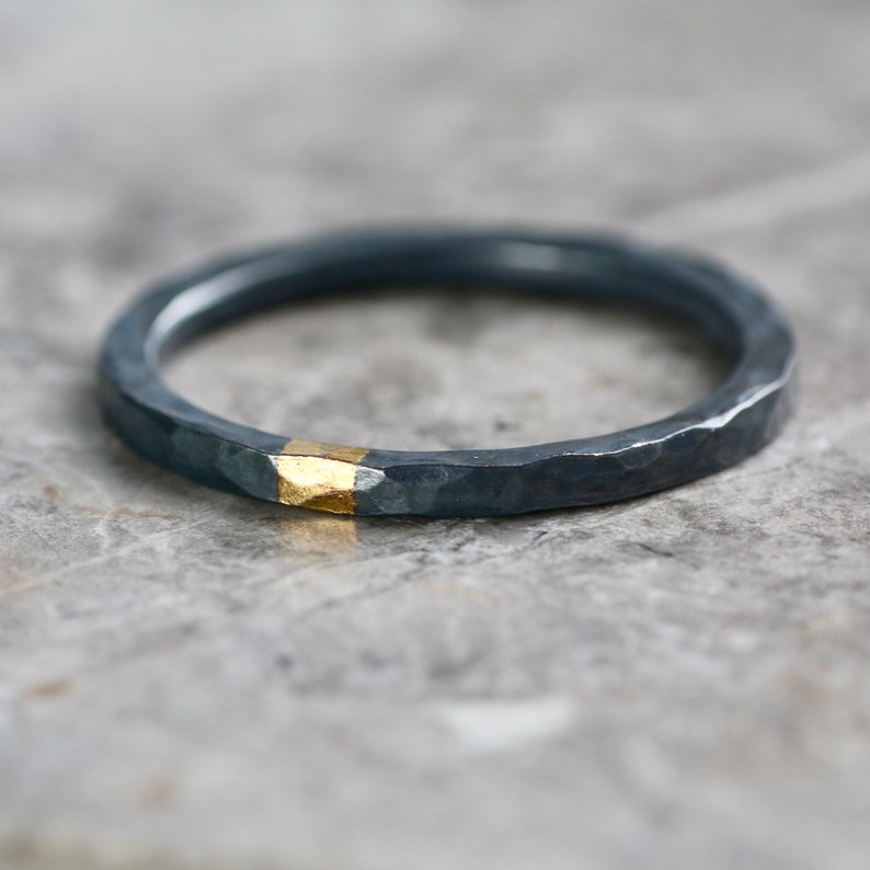 Oxidised Hammered Silver & Gold 2mm Stacking Ring, Alternative Wedding Ring, Recycled Silver, Keum Boo image 1