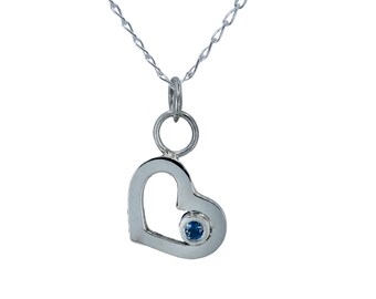 Sterling Silver Open Heart Aquamarine Pendant Necklace, Handmade Solid Recycled Silver, Dainty Heart, Love Sweetheart Valentine Gift