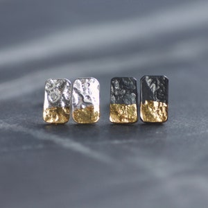 Gold and Silver Block Stud Earrings, Oxidised Sterling Silver & 24ct Gold, Keum Boo Handmade, Gold Earrings, Everyday Earrings, Gift image 5