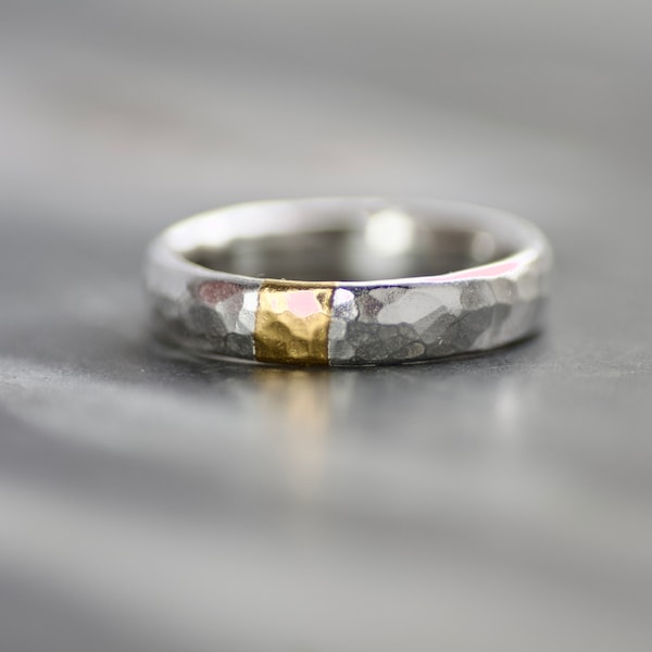 Hammered Textured Polished Silver & 24ct Gold Ring, Unisex, Keum Boo, Geumbu, Kum-bu Band, Hammered Ring, Alternative Wedding Ring