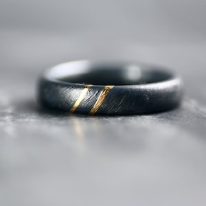 Bias Textured Oxidised Silver & 24ct Gold Ring, Unisex, Keum Boo, Geumbu, Kum-bu Band, Textured Ring, Alternative Wedding Ring