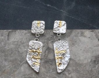 Keum Boo Silver Dangle Drop Earrings, Silver and 24ct gold, Reticulated recycled silver and gold earrings, geometric gold earrings, gift