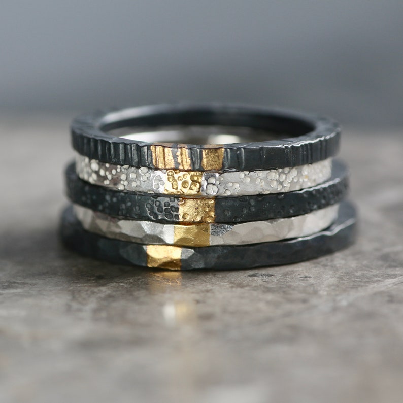 Oxidised Hammered Silver & Gold 2mm Stacking Ring, Alternative Wedding Ring, Recycled Silver, Keum Boo image 4