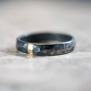 Hammered Textured Oxidised Silver & 24ct Gold Ring, Unisex, Keum Boo, Geumbu, Kum-bu Band, Hammered Ring, Alternative Wedding Ring, Gothic