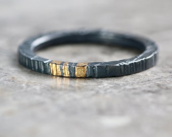 Oxidised Linear Silver & Gold 2mm Stacking Ring, Alternative Wedding Ring, Recycled Silver, Keum Boo Linear Textured Ring