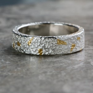 Dot Textured Polished Silver & 24ct Gold Ring, Unisex, Keum Boo, Geumbu, Kum-bu Band, Hammered Ring, Alternative Wedding Ring