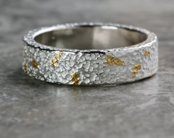 Dot Textured Polished Silver & 24ct Gold Ring, Unisex, Keum Boo, Geumbu, Kum-bu Band, Hammered Ring, Alternative Wedding Ring