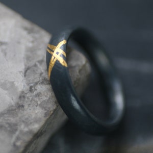 Oxidised Cross Hatch Silver & 24ct Gold Ring, Unisex, Keum Boo, Kum-bu Band, Textured Ring, Alternative Wedding Ring, Gothic