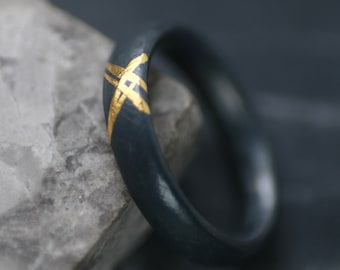 Oxidised Cross Hatch Silver & 24ct Gold Ring, Unisex, Keum Boo, Kum-bu Band, Textured Ring, Alternative Wedding Ring, Gothic