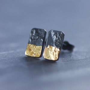 Gold and Silver Block Stud Earrings, Oxidised Sterling Silver & 24ct Gold, Keum Boo Handmade, Gold Earrings, Everyday Earrings, Gift image 1