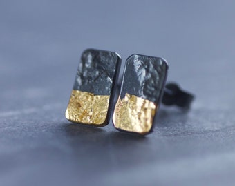 Gold and Silver Block Stud Earrings, Oxidised Sterling Silver & 24ct Gold, Keum Boo Handmade, Gold Earrings, Everyday Earrings, Gift